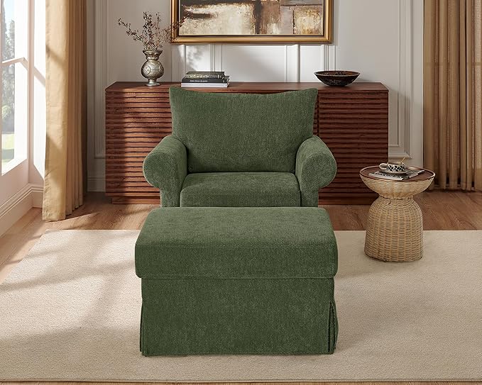 Modern Living Room Chairs with Ottoman, Comfy Chenille Reading Armchair with Rolled Arms and Cushion Backrest, 35.8" W Oversized Chaise Lounge Chair for Bedroom, Study, Apartment, Green