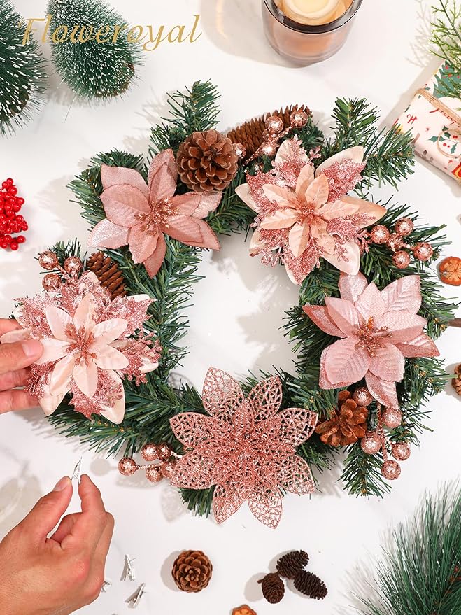 Floweroyal 30pcs Poinsettia Artificial Christmas Flowers Decorations with Clips and Berry Stems Glitter Ornaments for Christmas Tree Wreath Fireplace Stairs Decor (Rose Gold-3 Styles)