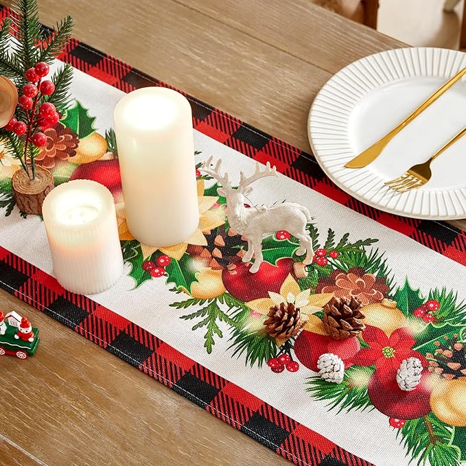 Christmas Table Runner - Xmas Balls Flowers Red Buffalo Plaid Check Winter Holiday Decorative Farmhouse Table Decorations for Kitchen Dinning, Indoor Outdoor Dinner Party Decor 13x72 Inch