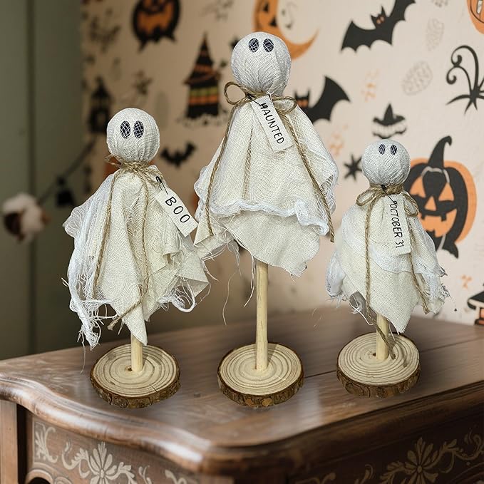 Halloween Ghost Decor - 3PCS Primitive Wooden Ghost Kit for Farmhouse Table Centerpieces Shelf Mantel Kitchen Decor
