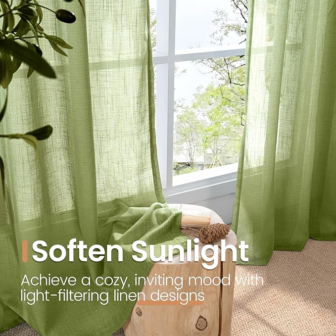 BGment Olive Green Linen Curtains for Living Room 63 Inch Length - Rod Pocket Natural Textured Light Filtering Drapes for Farmhouse Bedroom Lightweight Rustic Decor, 2 Panels Set, 52 X 63 Inch