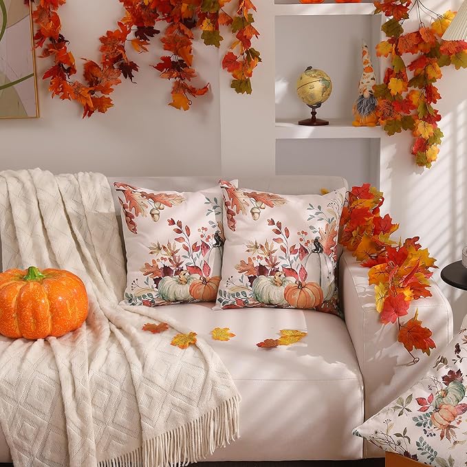 DFXSZ Fall Pillow Covers 16x16 inch Set of 2 Orange White Pumpkin Fallen Leaves Decorative Outdoor Throw Pillow Covers Autumn Thanksgiving Farmhouse Decoration for Home Couch TH27-A16