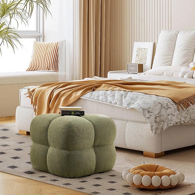ONEVOG Olive Green Modern Ottoman, 21" Square Fuzzy Couch Sherpa Pouf Ottoman, Tufted Cute Boucle Fabric Foot Stools, Upholsered Footrest & Coffee Table & Vanity Chair for Living Room Bedroom, Dorm