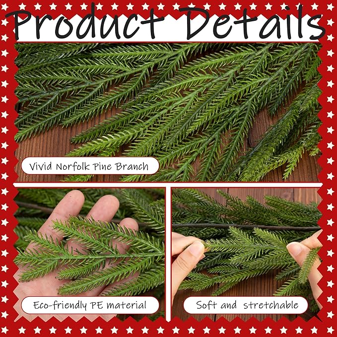 4 Pcs Christmas Norfolk Pine Garland, 6 Ft Dense Norfolk Pine Real Touch Garland, Artificial Pines Greenery Garlands for Christmas Holiday Mantle Fireplace Table Home Decor