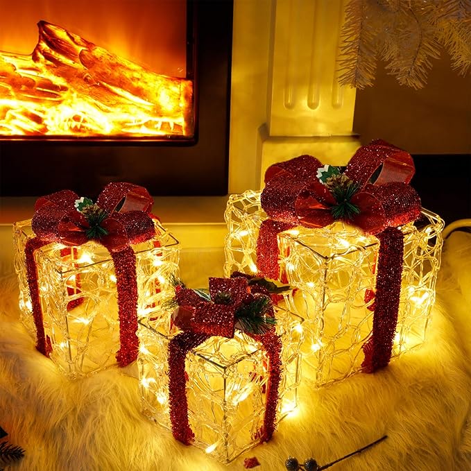 ATDAWN Set of 3 Lighted Gift Boxes Christmas Decorations, Clear Acrylic Present Boxes, Christmas Home Gift Box Decorations