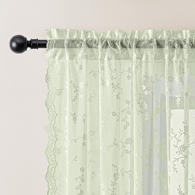 Sheer Lace Curtains 84 Inches Long, Vintage Floral Light Filtering Sage Green Lace Curtains for Living Room & Bedroom, Rod Pocket, 2 Panels Set, Branch Pattern (Sage Green, 52" W x 84" L)