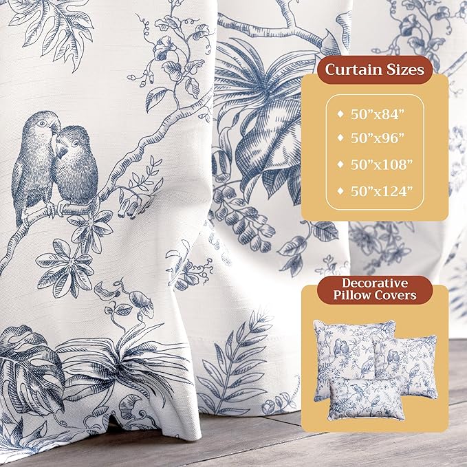 Maison d' Hermine Curtains for Living Room 100% Cotton 96 inch Length One Panel Light Filtering Toile Curtains for Bedroom Windows with Rod and Loop Pockets Drapes (Jouy Paradise Blue, 50" W x 96" L)