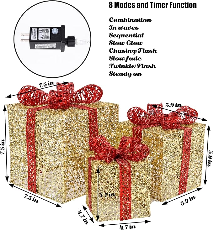 Sunnyglade 7.5”-5.9”-4.7” Set of 3 Christmas Lighted Gift Boxes with Bows Present Boxes for Christmas, Weddings Yard Home Holiday Art Decorations (Gold)