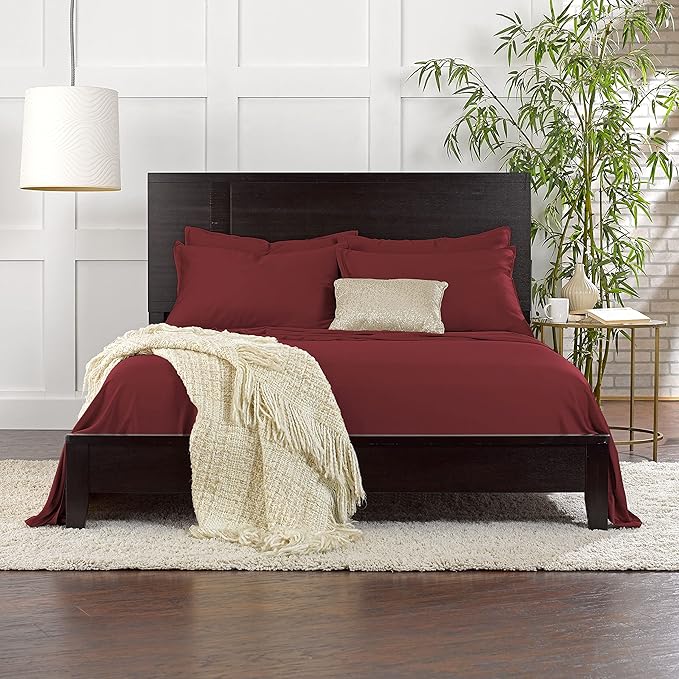 Full Sheets by Pure Bamboo, Genuine 100% Organic Viscose Derived from Bamboo Bed Sheet Set, Luxuriously Soft & Cooling, Double Stitching, Lifetime Quality Promise (Full, Merlot)