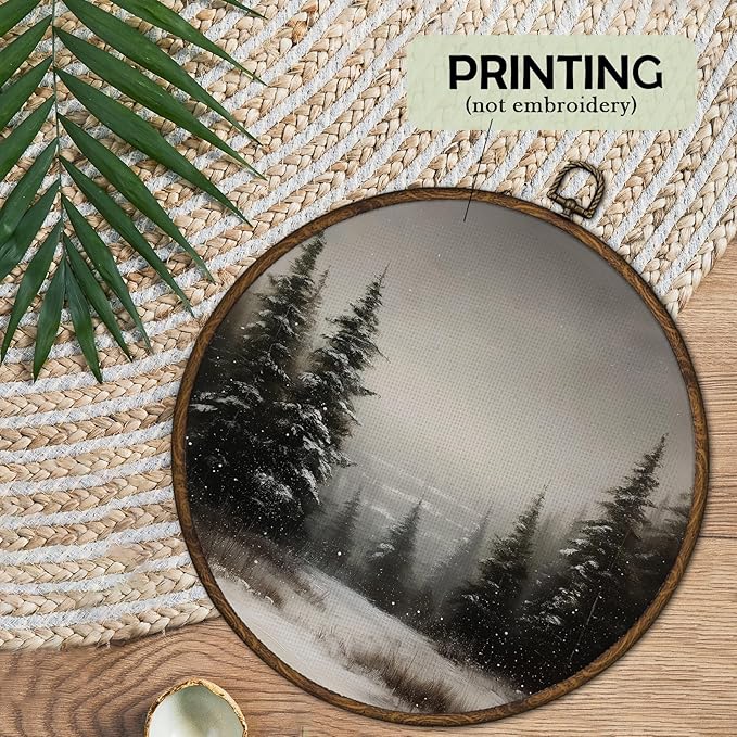 cvjutf Vintage Winter Christmas Forest Landscape Scene Wall Art Framed, Rustic Christmas Trees Round Wall Decor,Winter Nature Canvas Prints Art for Bedroom Bathroom,Xmas Decorations for Home, 10x10 In