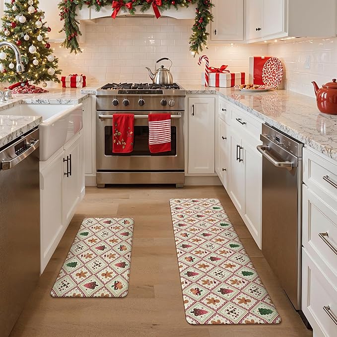 GENIMO Christmas Decorations - Kitchen Mats for Floor, 2PCS Christmas Kitchen Rugs, Cushioned Anti Fatigue Mat for Home Decor, Waterproof Non Slip Standing Mat for Laundry, 17.3"x59"+17.3"x30", Red