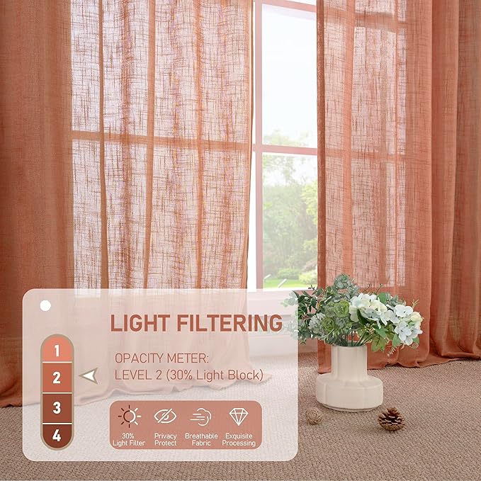LAMIT Terracotta Linen Curtains for Small Windows 45 inch, Light Filtering Panels Back Tab and Rod Pocket Fall Decor Drapes for Cafe/Bathroom/Loft Room, 2 Panels, 34 x 45 Inch