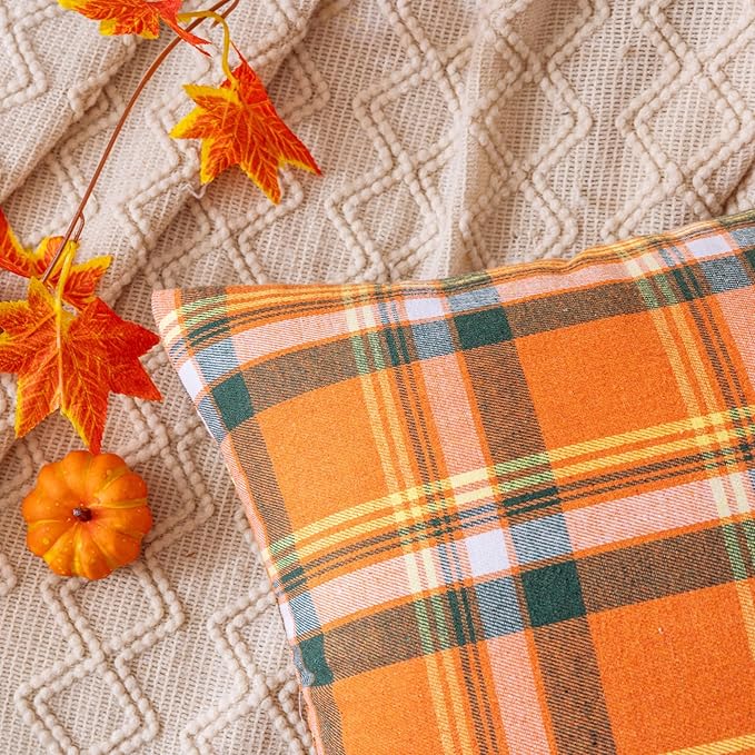 Fall Plaid Orange Green Throw Pillow Covers 20x20 Inch, Set of 2 Autumn Decorative Throw Pillows for Couch Sofa Bed Living Room Home Decor, Accent Pillow Cases for Farmhouse Couch Cushion Covers
