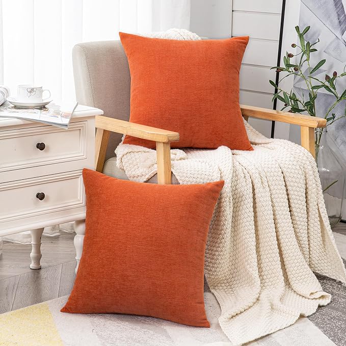 GAWAMAY Decorative Chenille Throw Pillow Covers 24x24 Inch Pack of 2, Soft Square Couch Pillow Cover for Sofa Cushion Living Room Bedroom Solid Dyed Pillowcases Burnt Orange 60x60cm (ONLY Covers)