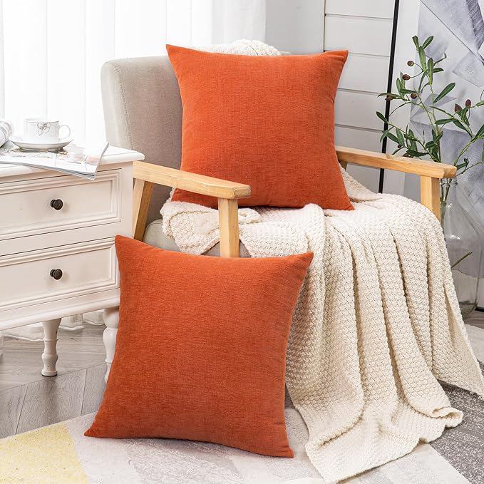 GAWAMAY Decorative Square Throw Pillow Covers 22"x22" Inch Set of 2, Super Soft Chenille Pillows Farmhouse Fall Pillowcase for Living Room Bedroom Sofa Couch Cushion Cover Burnt Orange 55x55cm