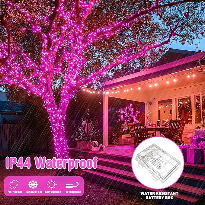 JMEXSUSS 33ft 100 LED Pink Christmas Lights, Pink Battery Operated Lights with 8 Modes Remote, Indoor Outdoor String Light for Bedroom Christmas Party Tree Decorations