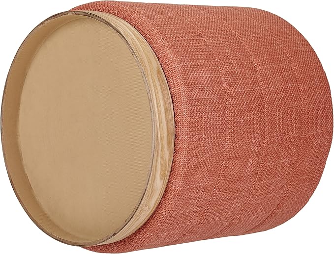 Round Ottoman with Storage โ Elegant Durable Linen Upholstered Footrest Bench for Living Room, Cylinder Vanity Stool โ Coral Orange