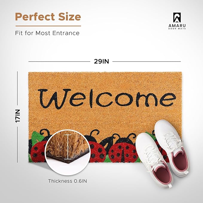 Ladybugs - 17"x29" - Coir Door Mat with Heavy Duty Backing - Welcome Mats for Entryway, Porch - Anti-Slip PVC & Coconut Fiber Surface - Natural Home Accessories, Minimalist Original Design