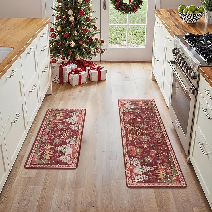 GENIMO Christmas Decorations - Kitchen Mats for Floor, 2PCS Christmas Kitchen Rugs, Cushioned Anti Fatigue Mat for Home Decor, Waterproof Non Slip Standing Mat for Laundry, 17.3"x47"+17.3"x30", Red