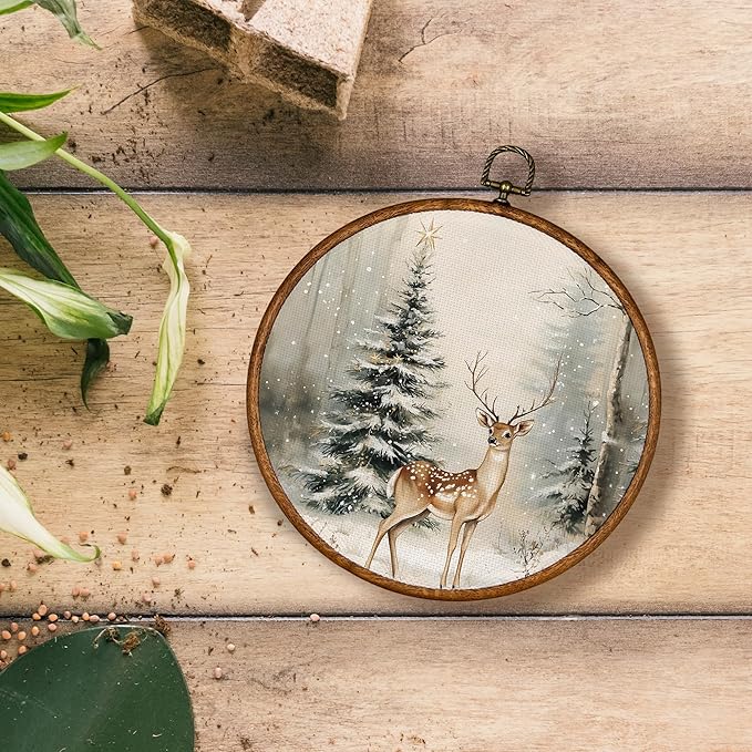 KSDUT Christmas Wall Decor Art - Winter Woodland Xmas Wall Art Canvas Frame Hanging Prints, Vintage Pine Tree Deer Holiday Landscape Round Wall Art Decor for Home Farmhouse Decorations 10"x10"