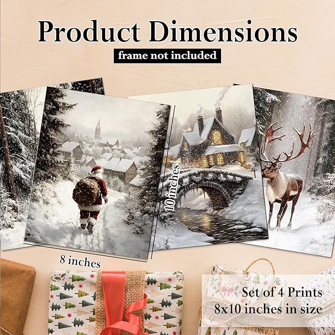 DOFQZ Winter Christmas Wall Art Prints Set of 4, Farmhouse Christmas Decor, Rustic Winter Santa Reindeer Forest Village Landscape Posters for Home Bedroom Living Room Decor, 8x10 Unframed