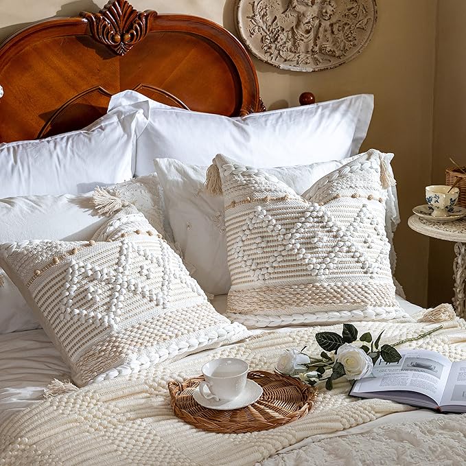 BlissBlush Cream White Boho Throw Pillow Cover 20X20, Boho Woven Textured Pillow Cover, Neutral Pillow Cover, Sofa Couch Bed Farmhouse Lumbar Pillow (Cover ONLY)