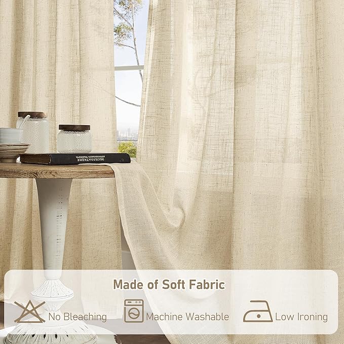 LAMIT Linen Curtains 63 Inch for Bedroom, Light Filtering Neutral Semi Sheer Window Curtains Back Tab and Rod Pocket Living Room Panels, 2 Panels, Linen, 60 x 63 Inch