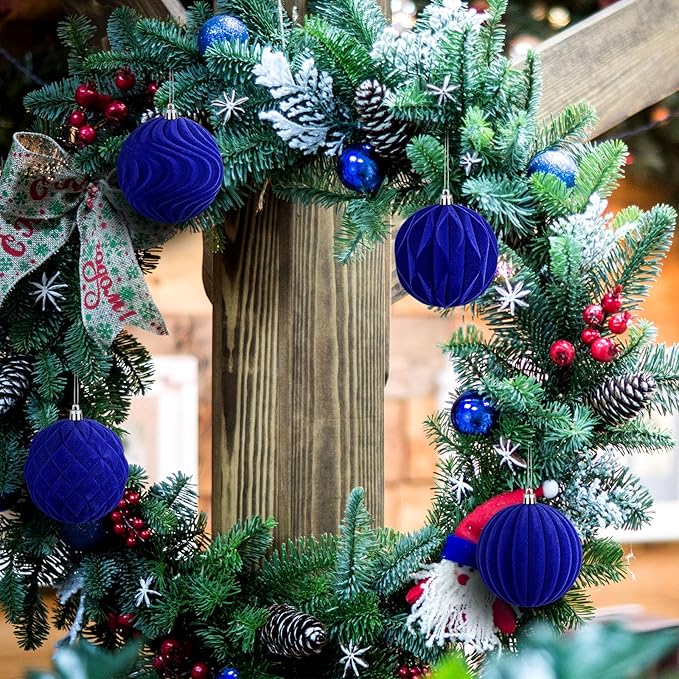 4 Pcs 4 Inch Large Velvet Christmas Ball Ornaments Vintage Christmas Plastic Ball Ornaments Flocked Tree Hanging Decoration for Xmas Party Wedding Home Decor(Deep Blue)