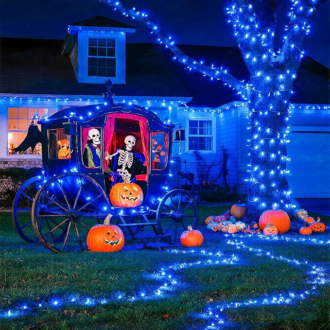 JMEXSUSS 33ft 100 LED Blue Christmas Tree Lights, Battery Operated Christmas Lights with 8 Modes Remote Waterproof Outdoor Indoor for Halloween Christmas Outside Decorations