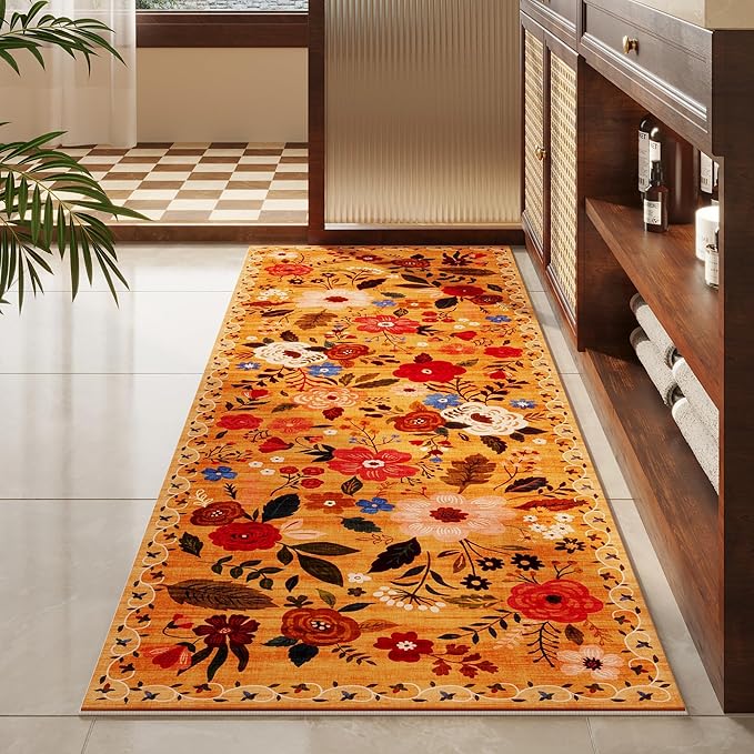 Rugcomf Runners for Hallways Kitchen Runner Rug Non Slip 2'x10' Long Washable Rugs with Rubber Backing Soft Floral Carpet Runner for Hallways, Kitchen, Laundry, Bedroom, Bathroom(Yellow)