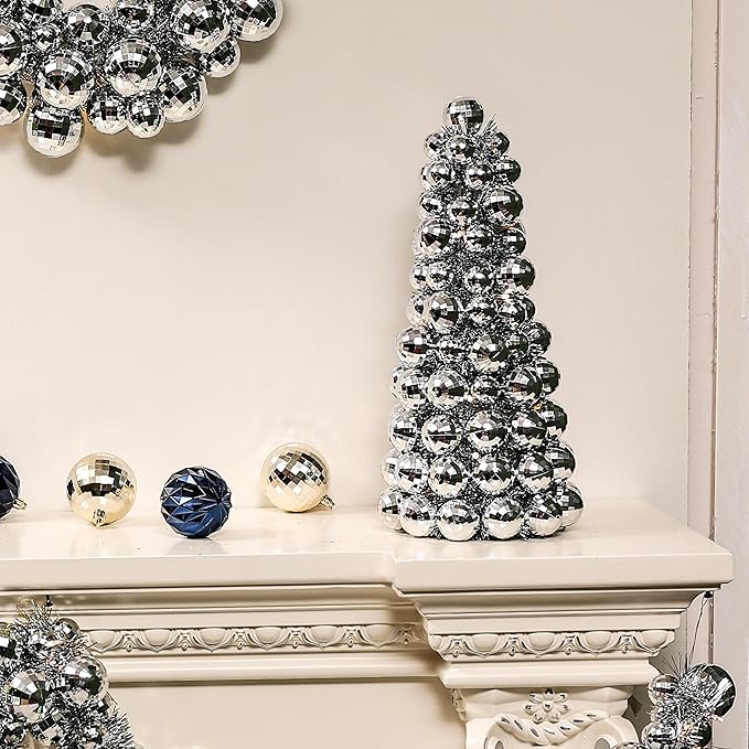 Amooca 16in Christmas Ball Tree with LED Lights Table Centerpiece Fireplace Decor Indoor Holiday Party Home Decoration Silver