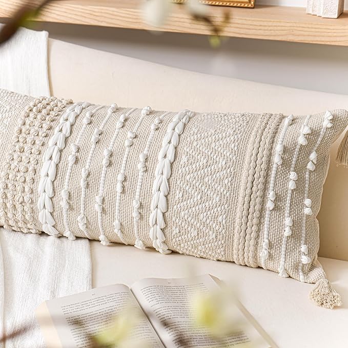 BlissBlush Cream Decorative Lumbar Throw Pillow Cover 14x36 Boho Long Cushion for Bed Neutral Beige White Accent Modern Farmhouse Pillowcase for Bedroom Living Room Couch Sofa Home Décor Cover ONLY
