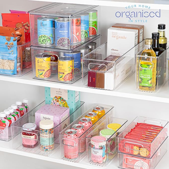 Plastic Food Storage 6 Pack Clear Container Bin with Handles for Organizing Kitchen, Pantry, Refrigerator, Freezer, Pantry, Cabinet, Closet, Bathroom. 16”x6”x5”