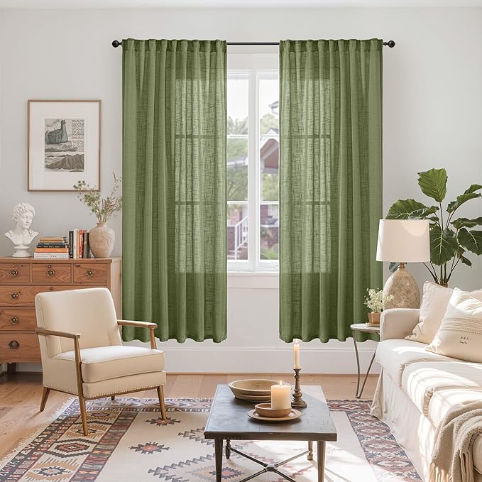 YoungsTex Olive Green Linen Curtains 72 Inch Length for Living Room 2 Panels, Semi Sheer Window Drapes Light Filtering Rustic Textured with Rod Pocket Back Tab for Bedroom, 52 X 72 Inch