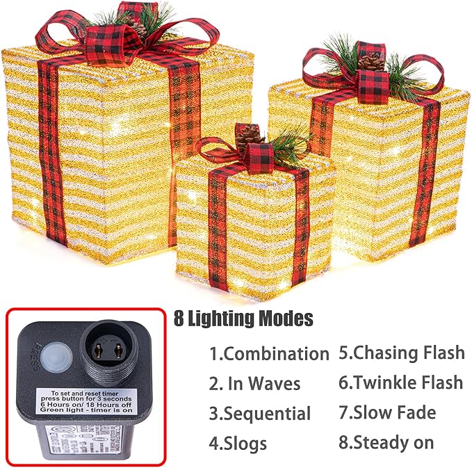 Sunnyglade 10"-8"-6" Set of 3 Christmas Lighted Gift Boxes Decoration Boxes with Plug, Bows, Artificial Pine Leaves and Pine Cones for Christmas, Weddings Yard Home Holiday Art Decoration