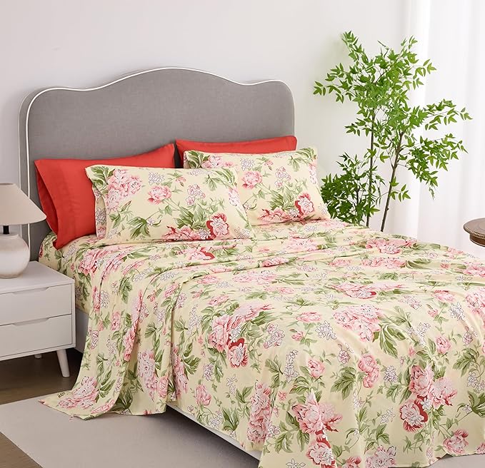 Queen Size Bed Sheets Set Deep Pockets - 6PC Floral Ultra Soft Microfiber Bed Sheets - Easy to Clean, 90 Thread Count Sheets with Fitted Sheet, Flat Sheet & Pillowcases (Rose Floral)