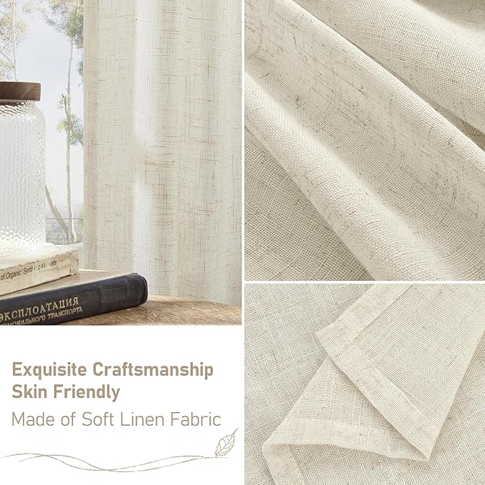 LAMIT Natural Linen Semi Sheer Curtains 45 Inch, Light Filtering Neutral Window Curtains for Bedroom Farmhouse Boho Back Tab and Rod Pocket Panels, Natural Cream Ivory, 2 Panels, 38 x 45 Inch