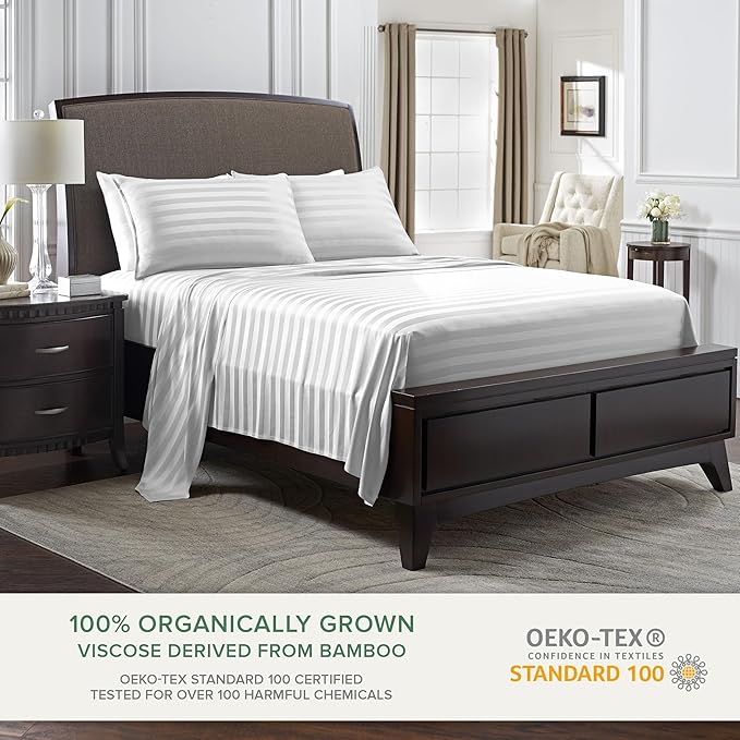 King Sheets by Pure Bamboo, Genuine 100% Organic Viscose Derived from Bamboo Bed Sheet Set, Luxuriously Soft & Cooling, Double Stitching, Lifetime Quality Promise (King, Jacquard White)
