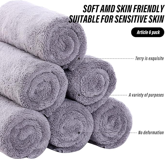 MOONQUEEN 6 Pack Premium Hand Towels - Quick Drying - Microfiber Coral Velvet Highly Absorbent Towels - Multipurpose Use as Hotel, Bathroom, Shower, Spa, Hand Towel 16 x 28 inches (Light Grey)