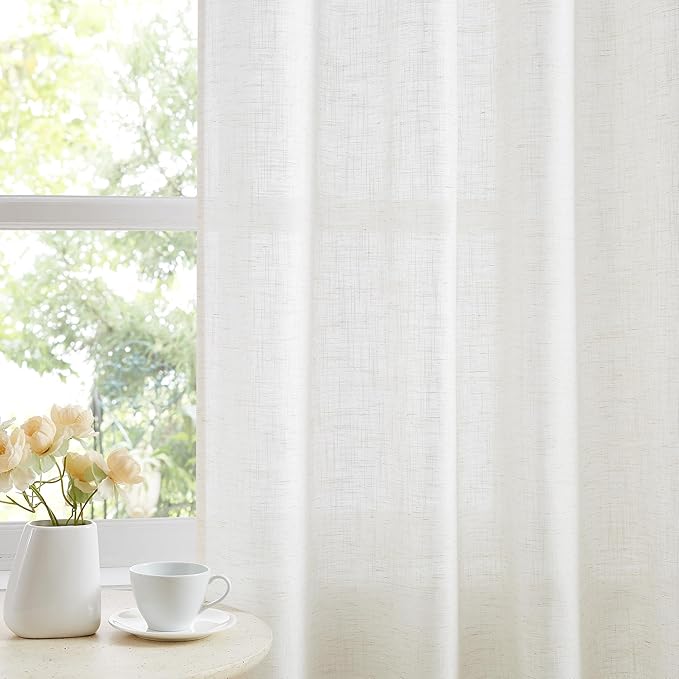 White Semi Sheer Curtains for Living Room 52 x 95 Long Drapes, Flax Linen Blend Pricacy Light Filtering Curtain Panels 2 Pack Grommet Top