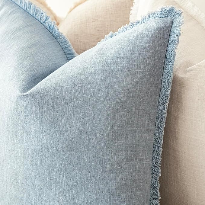 Foindtower Set of 2 Decorative Linen Fringe Throw Pillow Covers Boho Farmhouse Cushion Cover with Tassels Soft Accent Pillowcase for Couch Chair Sofa Bed Living Room Home Decor,24×24 Inch,Sky Blue