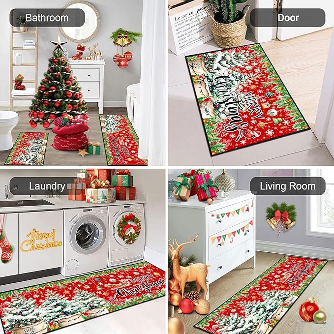 ACZHHZC Merry Christmas Kitchen Rugs and Mats Set of 2, Winter Snowflake Xmas Tree Holiday Home Kitchen Decor Floor Mats, Washable Non-Slip Sink Carpet (Christmas 1, 17"x47"+17"x30")