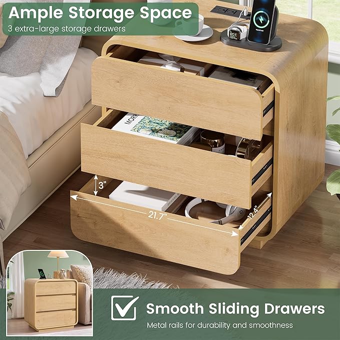 Modern Nightstand, 25" Tall Wood Bedside Table with Charging Station, 3 Drawers Dresser Side Table, Large End Table Night Stand for Bedroom, Office, Sofa, Curved Profile Design, Natural