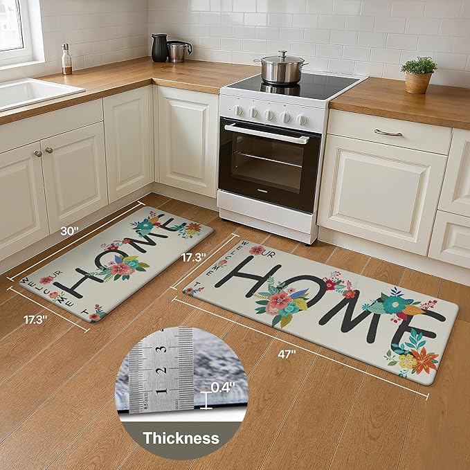 GENIMO Anti Fatigue Kitchen Mats for Floor, Non Slip Washable Home Theme Rugs Sets of 2, Farmhouse Cushioned Waterproof Comfort Runner Rug for Kitchen, Sink, Desk, Laundry, 17"x 47"+17"x 30", White