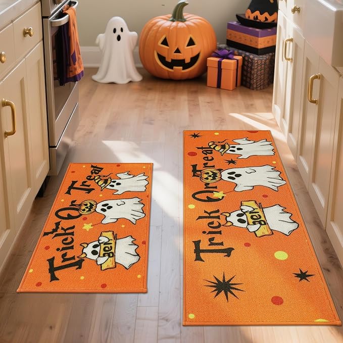 JSEI Halloween Holiday Kitchen Mats for Floor, Non-Slip Ghost and Pumpkins Decorative Kitchen Rugs Set of 2, Home Decor Low-Profile Kitchen Runner Rug Washable, 17"x30"+17"x48", Flying Ghosts Pattern