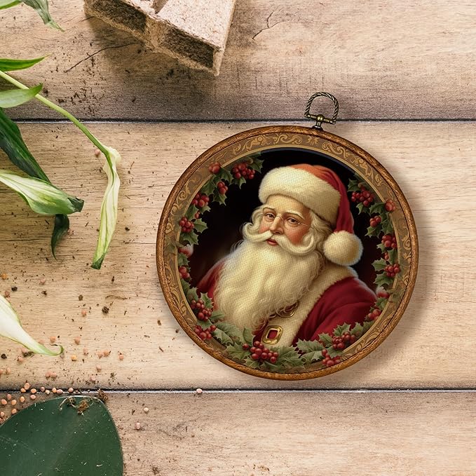 KSDUT Vintage Christmas Wall Decor Art - Retro Santa Claus Wall Art Canvas Frame Hanging Prints, Merry Christmas Xmas Holiday Round Wall Art Decor for Farmhouse Home Decorations 10"x10"