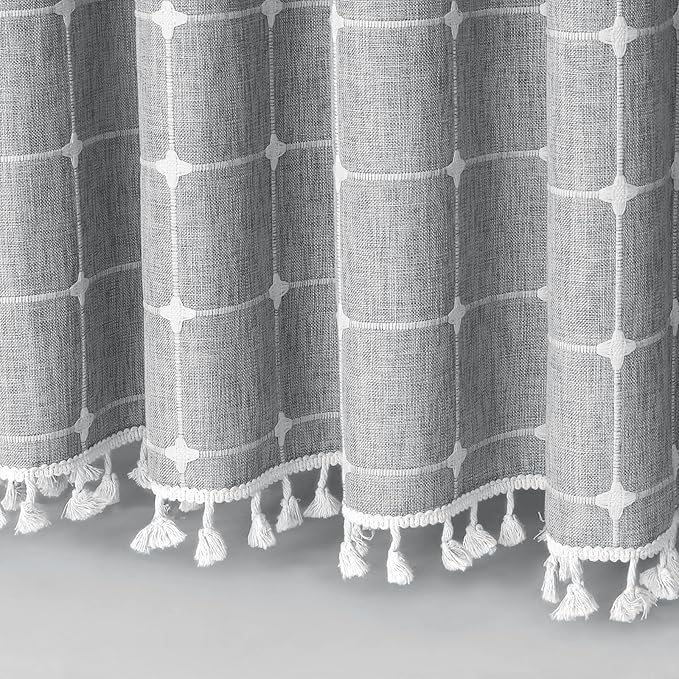 MitoVilla Modern Farmhouse Shower Curtain Set, Grey Boho Shower Curtains for Bathroom Decor, Vintage Rustic Thick Linen Fabric , Country Tassel Cloth, 72 x 72