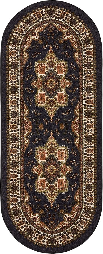 Antep Rugs Alfombras Oriental Traditional 2x5 Non-Skid (Non-Slip) Low Profile Pile Rubber Backing Kitchen Area Rugs (Black, 2' x 5' Oval)