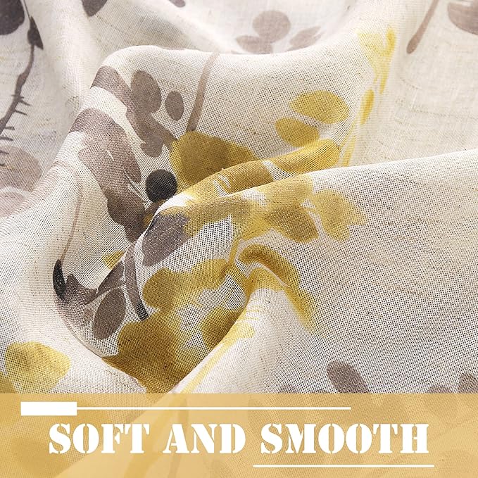 H.VERSAILTEX Linen Sheer Curtains for Living Room Sheer Panels 63 Inches Long Light Filtering Tab Top Window Treatment Drapes for Bedroom, 2 Panels, Vintage Classical Floral Print Yellow and Taupe