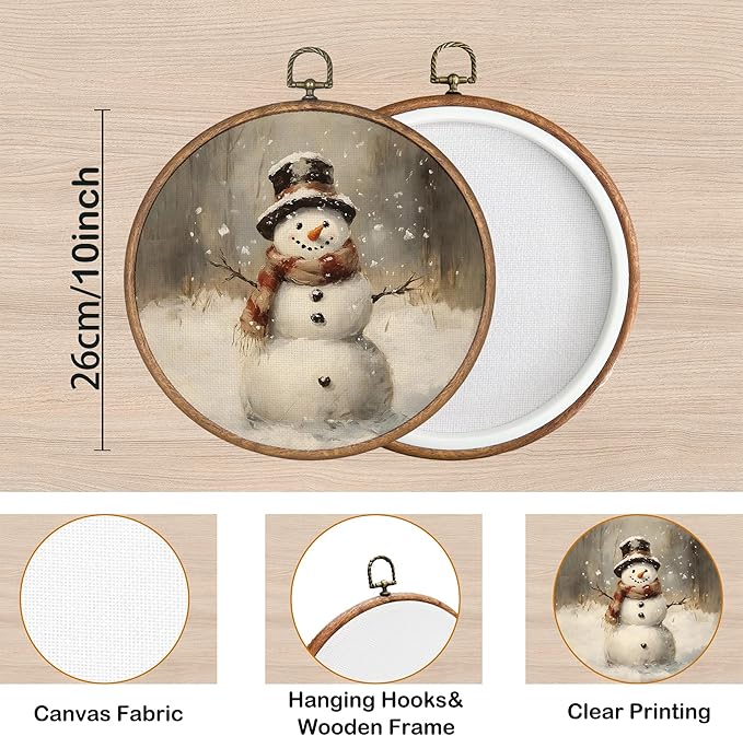 KSDUT Vintage Winter Wall Art Decor - Retro Christmas Snowy Wall Art Canvas Frame Hanging Prints, Snowman Holiday Landscape Round Wall Art Decor for Home Farmhouse Decorations 10"x10"